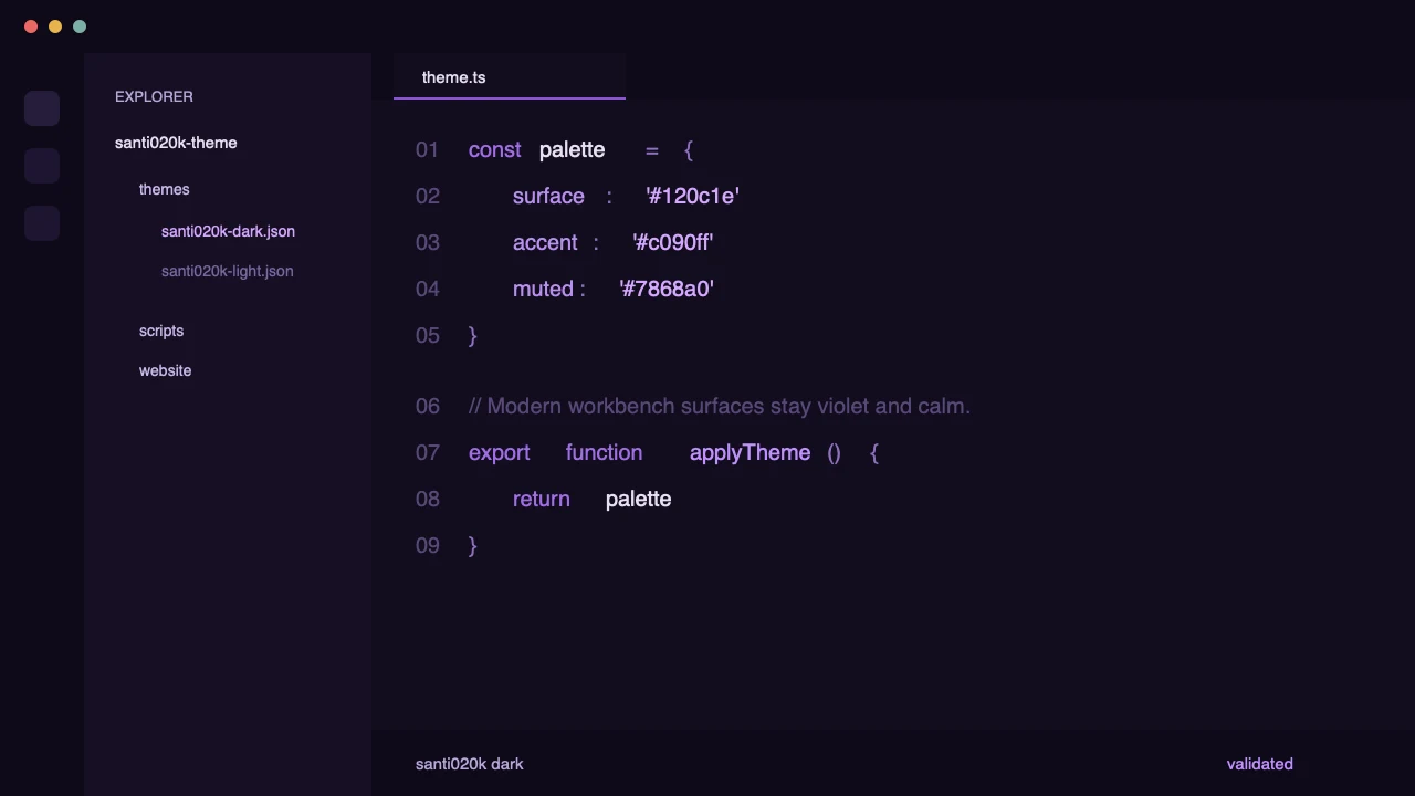 Santi020k Theme dark VS Code preview with an indigo editor and violet syntax accents