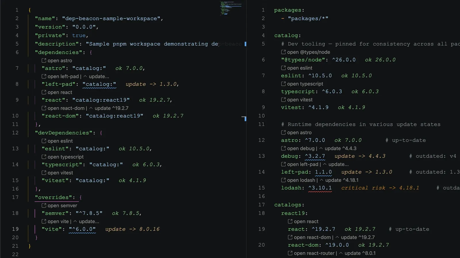 Dep Beacon showing package.json and pnpm workspace dependency signals