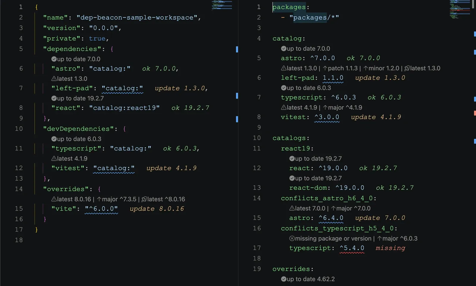 Dep Beacon showing package.json and pnpm workspace dependency signals